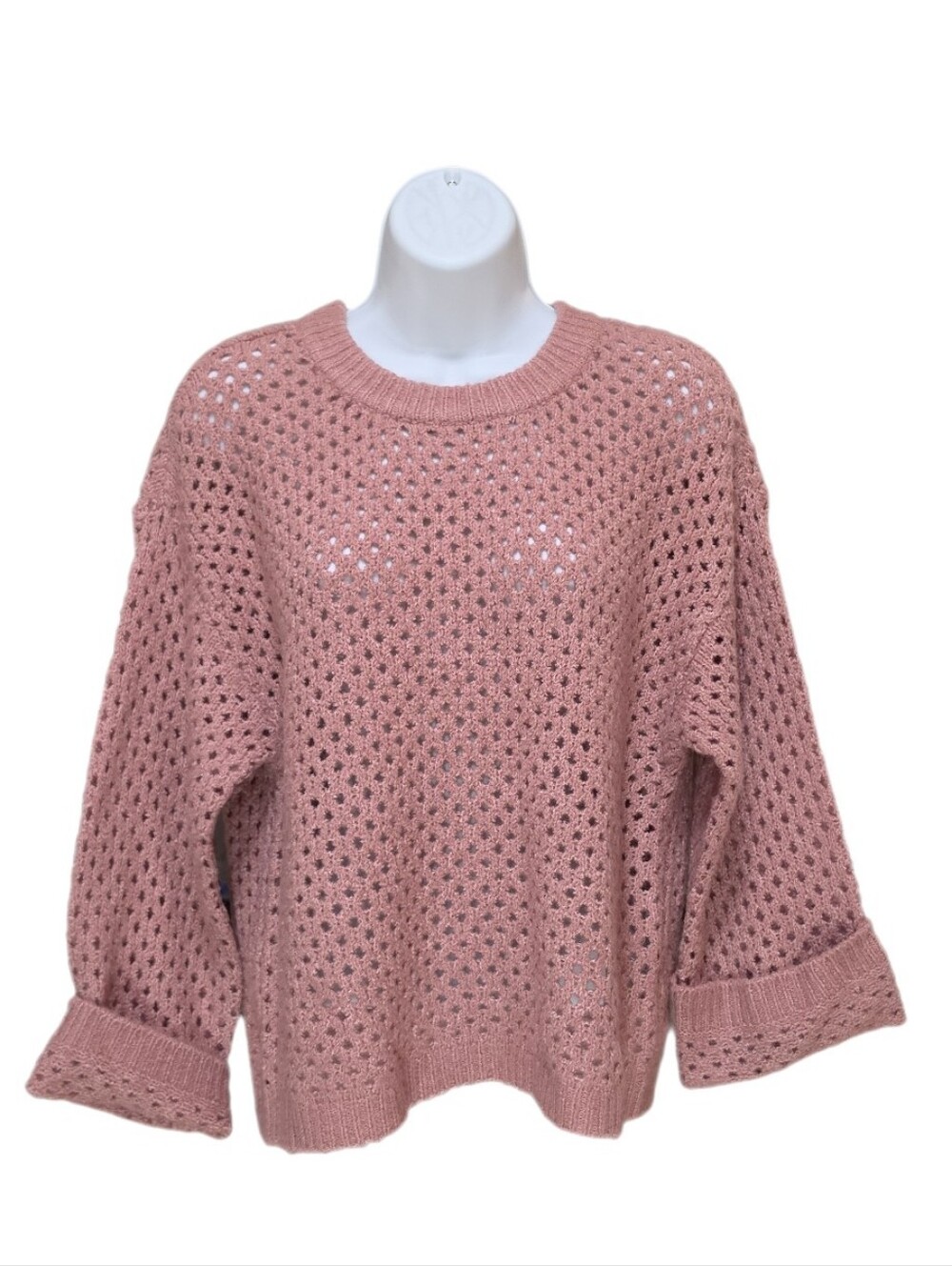 Democracy Long Sleeve Crew Neck Open Knit Crochet Sweater Rose Tan S